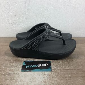 Crocs Sloane Embellished Flip Flop Black Slip On Thong Sandals Women's 7